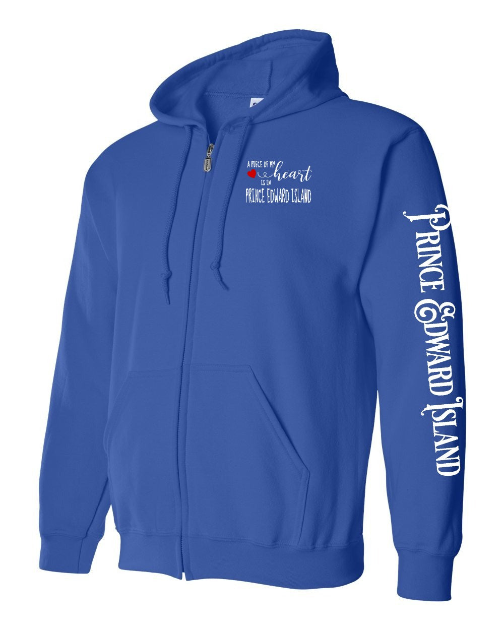 A piece of my Heart PEI red heart Left Chest and Sleeve Zip Hoodie - Unisex