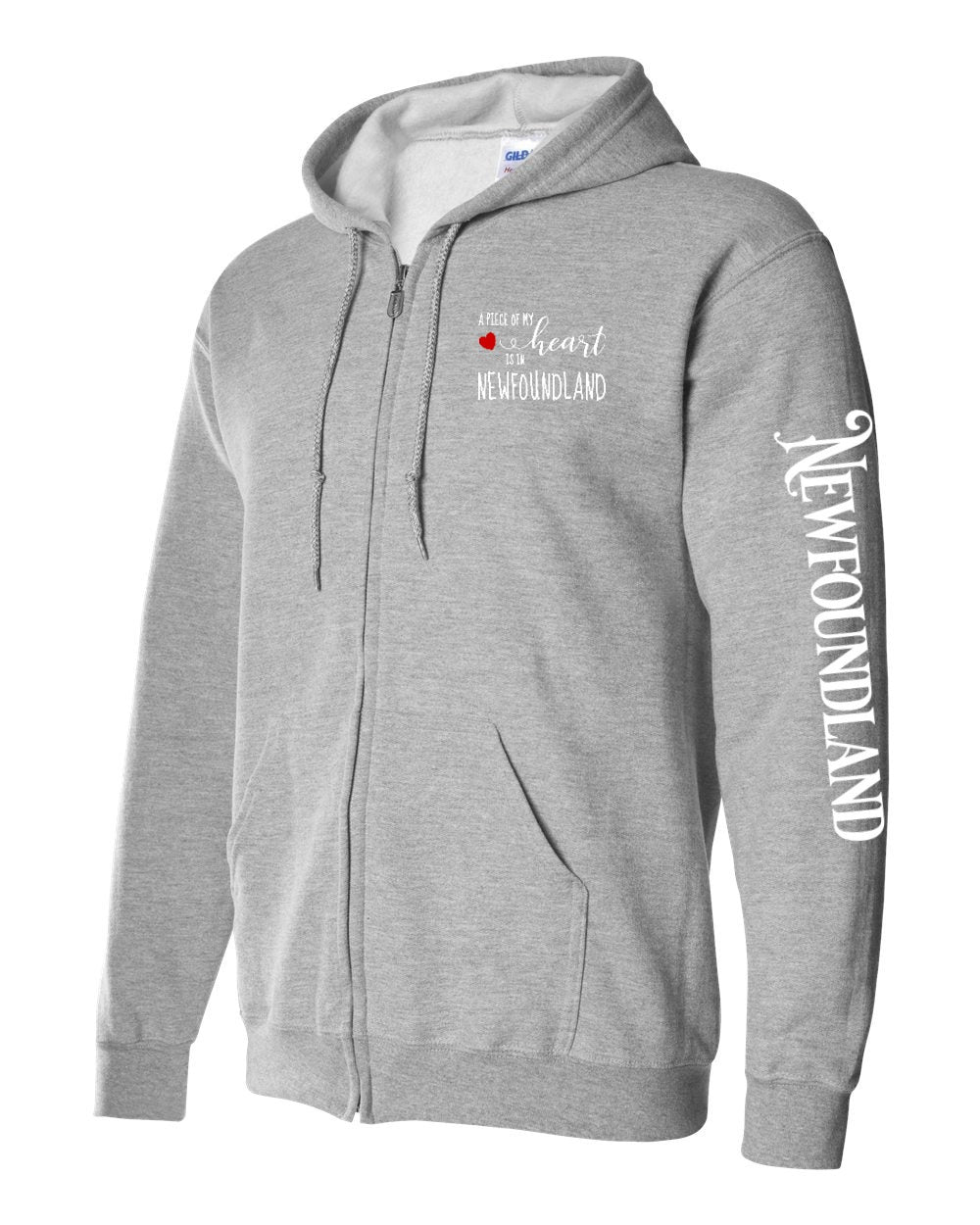 A piece of my Heart NFLD red heart Left Chest and Sleeve Zip Hoodie - Unisex