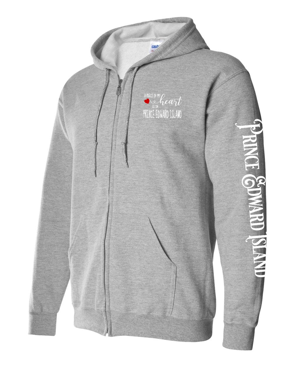 A piece of my Heart PEI red heart Left Chest and Sleeve Zip Hoodie - Unisex